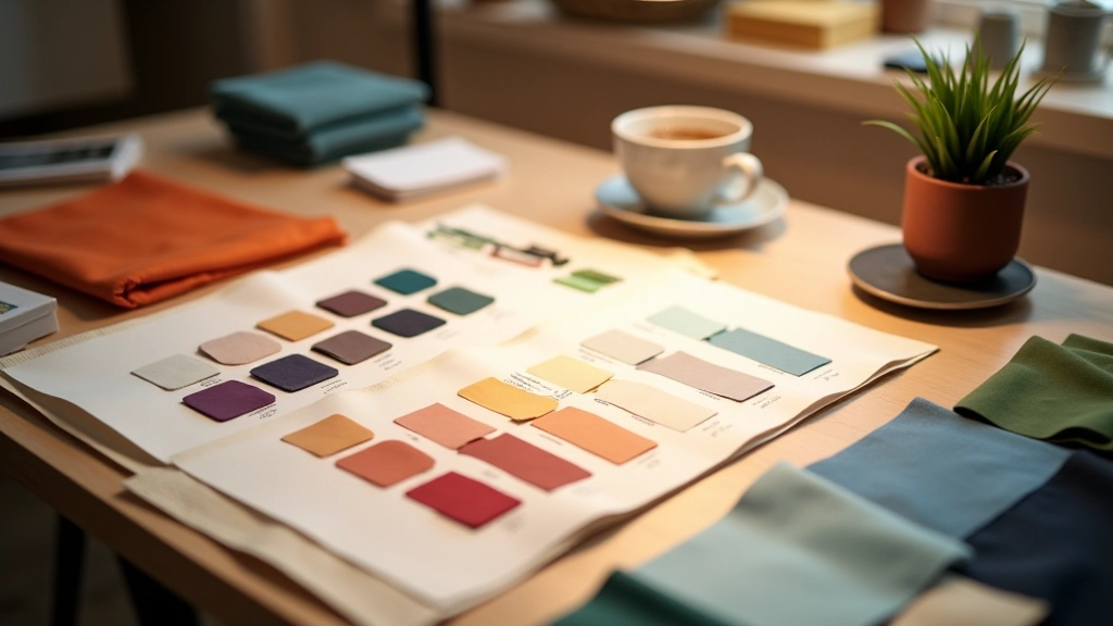 Color palette samples and fabric swatches arranged on designer workspace