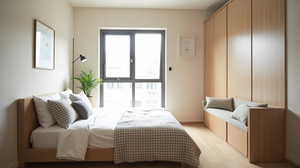 Small apartment with strategic furniture placement creating distinct living and sleeping zones