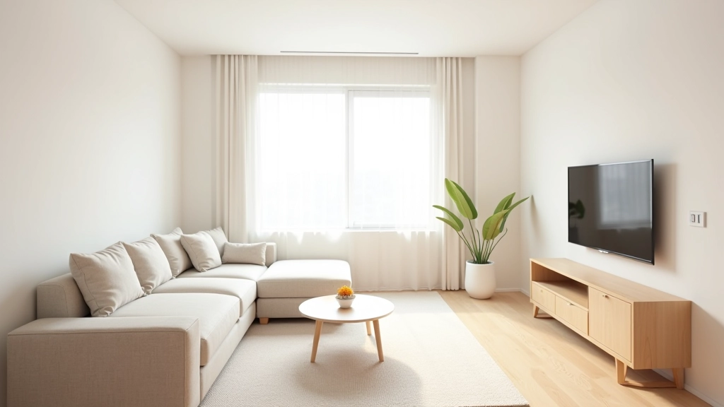 Modern micro apartment living room with light wood furniture and white walls
