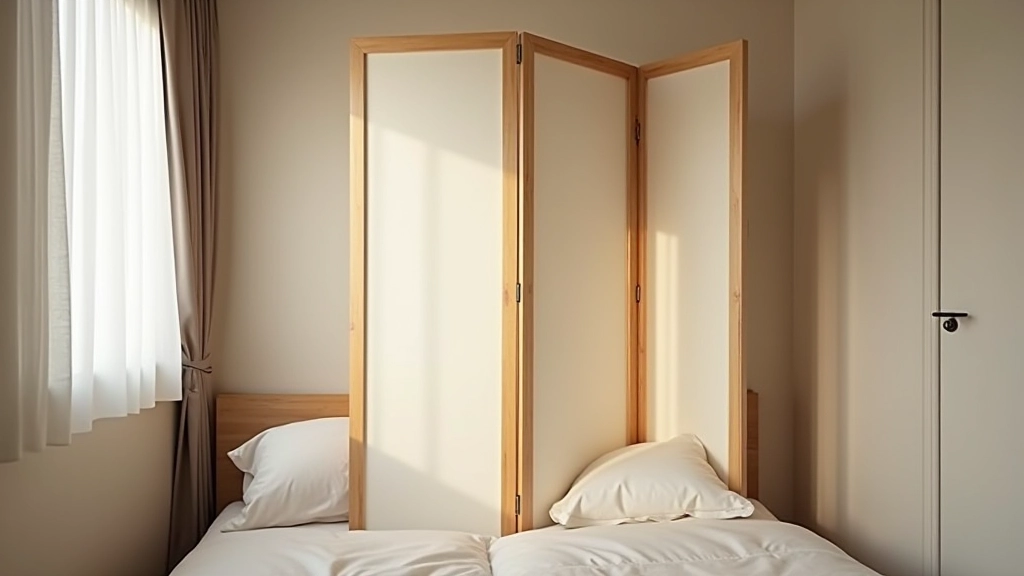 Decorative folding screen in modern studio apartment creating bedroom zone