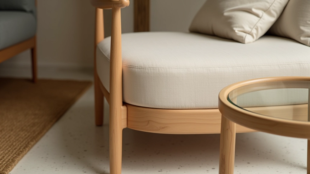 Close-up of furniture materials showing light wood frame, natural textiles, and transparent glass surfaces