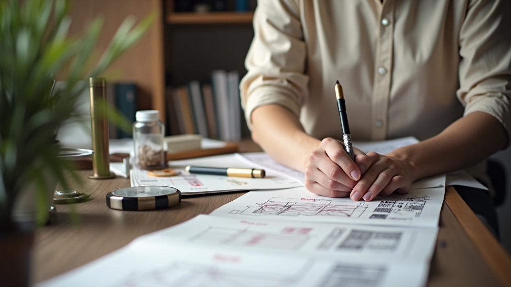 Interior designer sketching floor plans and layout designs at drafting table