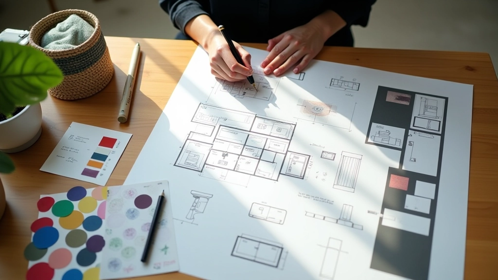 Interior designer at work creating space optimization designs and floor plans