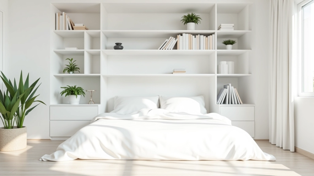 Minimalist bedroom with white wall-to-wall shelving system storing books, plants, and personal items efficiently