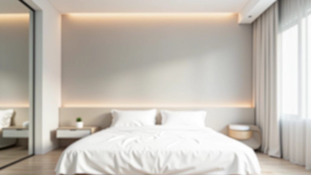 Bedroom with light colors, mirrors, and clever lighting placement