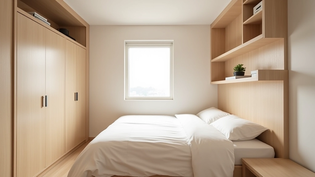 Micro flat with vertical storage and light wood furniture
