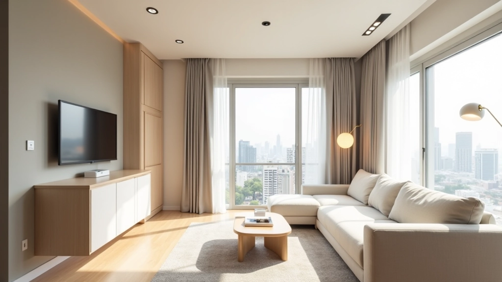 Multi-functional living space with smart furniture arrangement and neutral palette