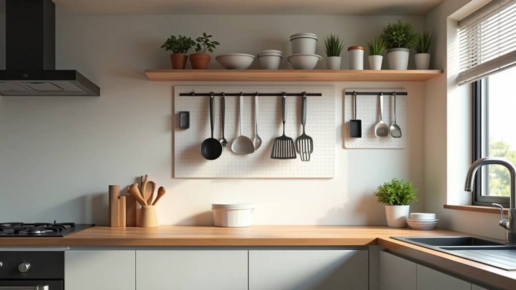 Kitchen area with wall-mounted magnetic strips, hanging rails, and pegboard organizers above counter workspace