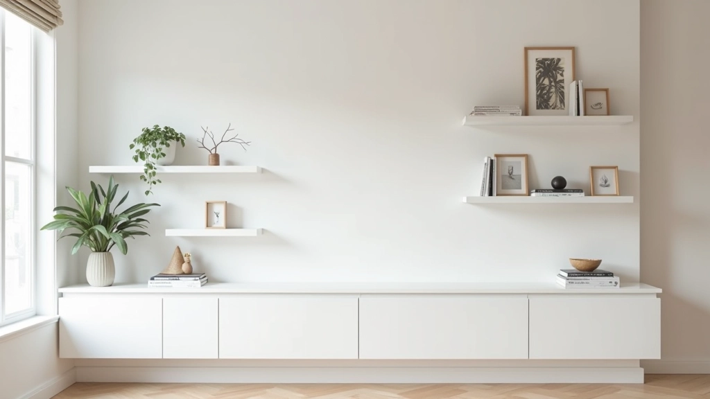 Living room wall with custom floating shelves at varied heights displaying books, decorative objects, and plants
