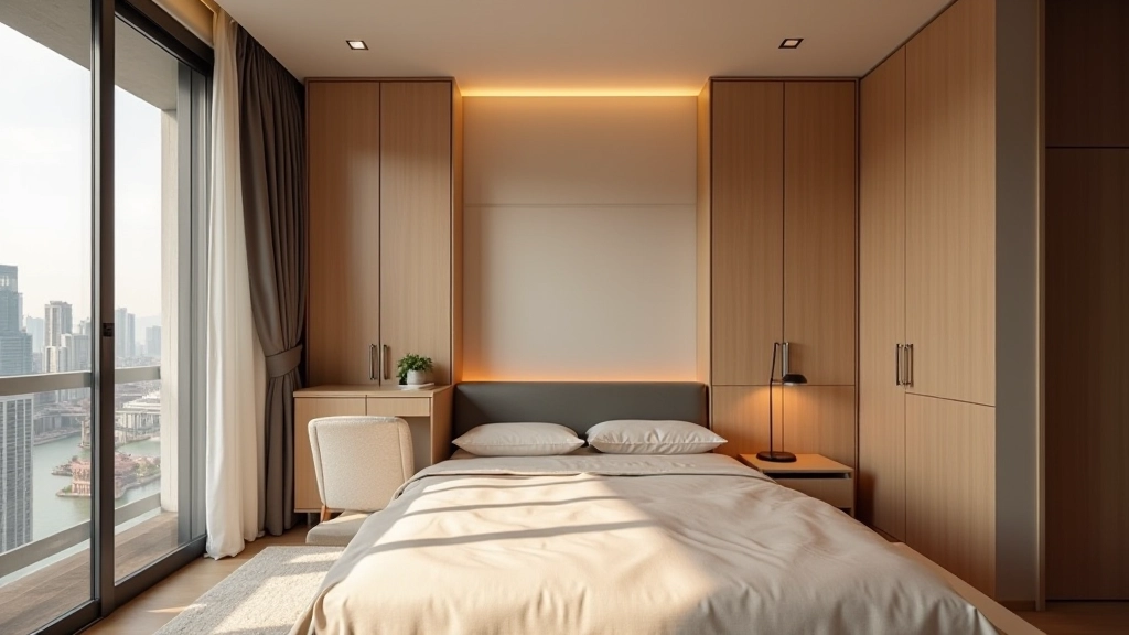 Modern compact apartment interior with smart storage solutions and contemporary design elements