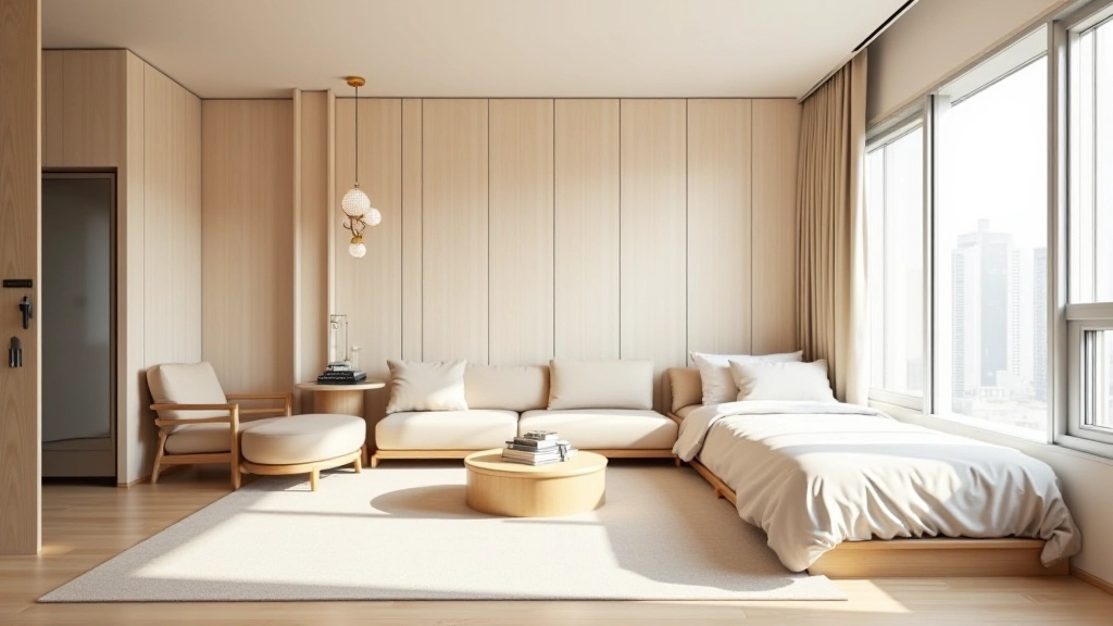 Studio apartment with dividing screens and zoned living areas