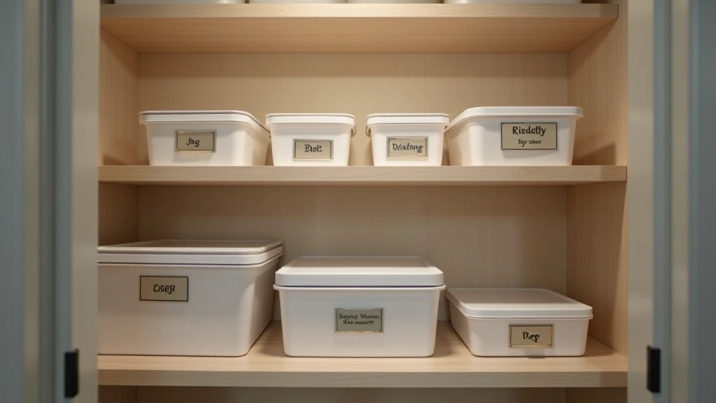 Organized closet system with labeled clear containers, hanging organizers, and color-coded storage boxes