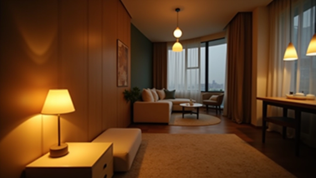 Studio apartment with strategic lighting creating distinct ambiance in different zones