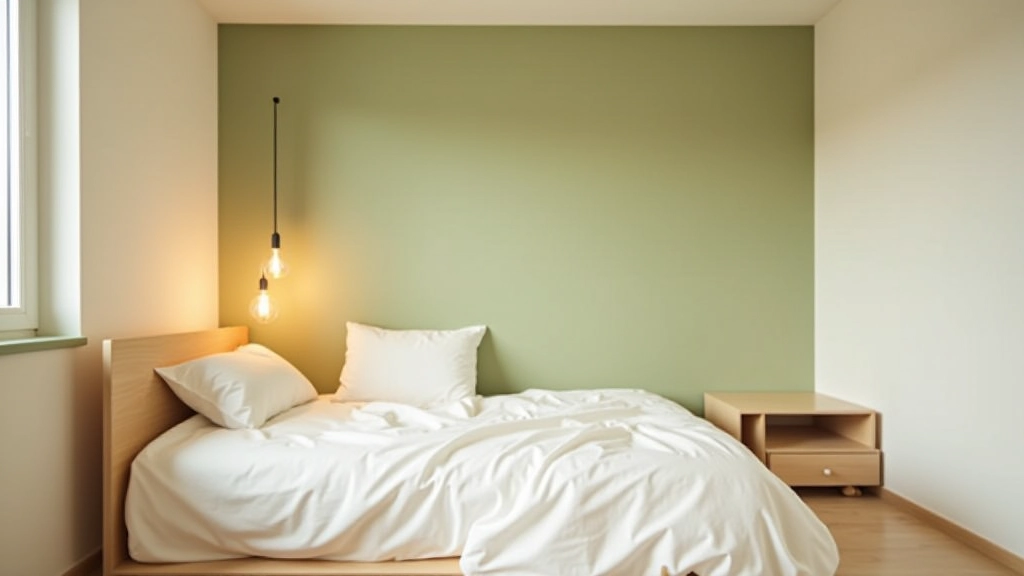 Small bedroom with cream walls, soft sage green accent wall, light wood furniture, and warm ambient lighting creating balanced sophisticated space