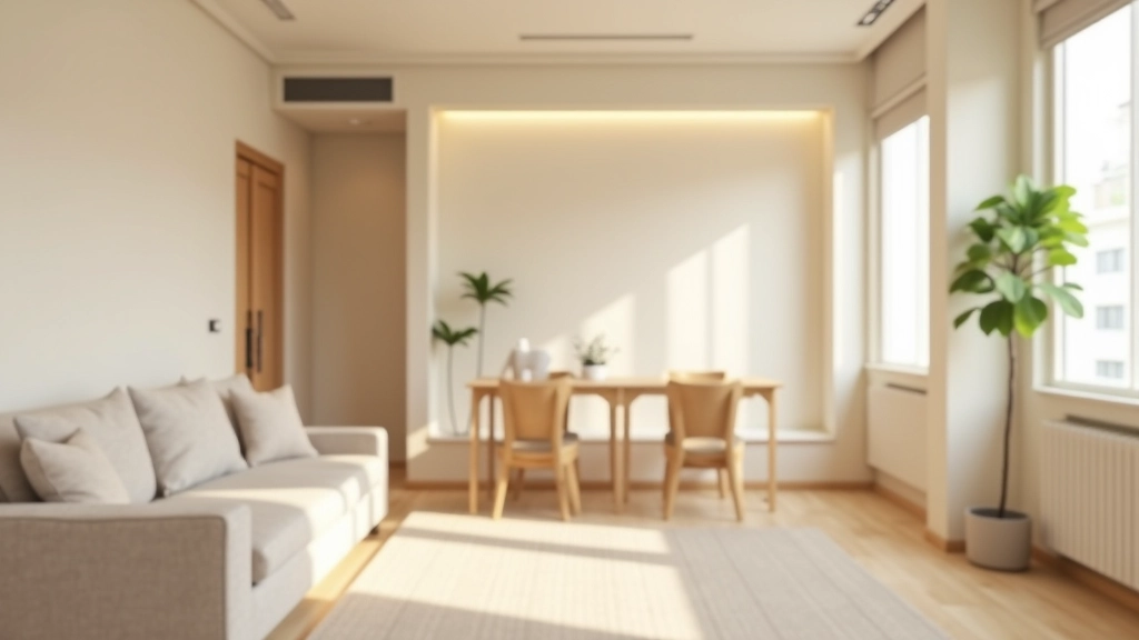 Contemporary micro-apartment with cream and soft beige wall tones, light wooden flooring, and neutral furniture creating cohesive spacious feel