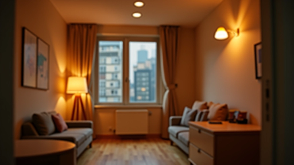 Micro-apartment with multiple light sources including ceiling fixture, wall sconces, and table lamps creating layered warm ambient lighting