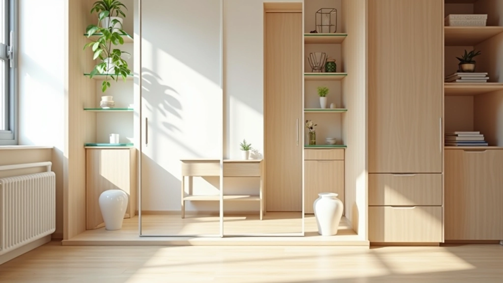 Small apartment interior with large mirror reflecting window light, light wood shelving, glass-top table, and reflective surfaces throughout brightening the space