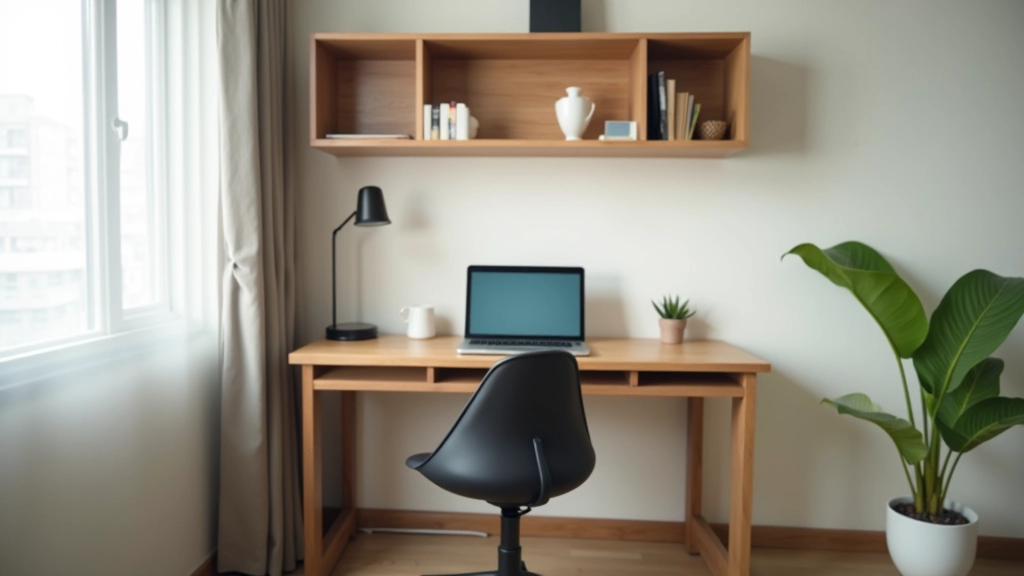 Micro apartment workspace showing compact desk setup integrated with living area using minimal footprint