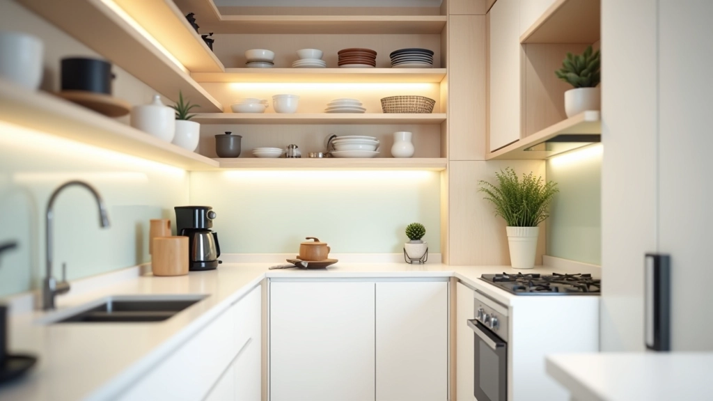 Bright kitchen with vertical storage shelves and compact appliances