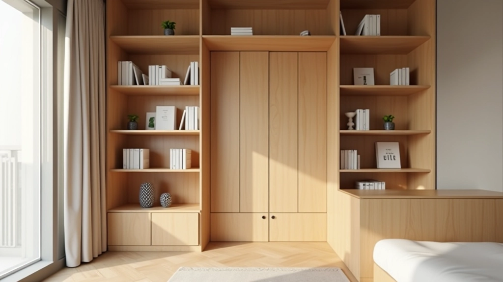 Compact studio with wall-mounted shelving units creating functional zones